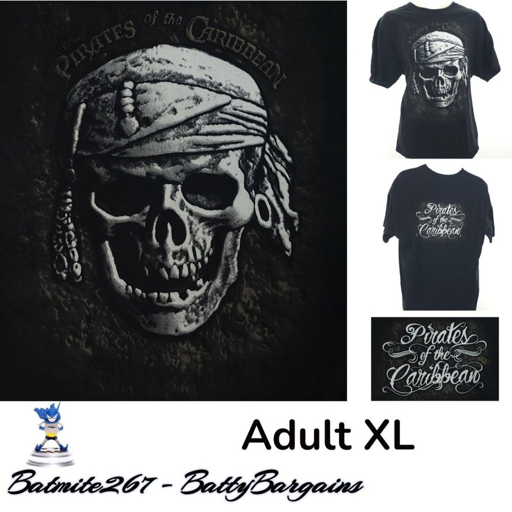 Vtg PIRATES OF THE CARIBBEAN Disney Adult Mens XL Beefy-T Black Skull S/S